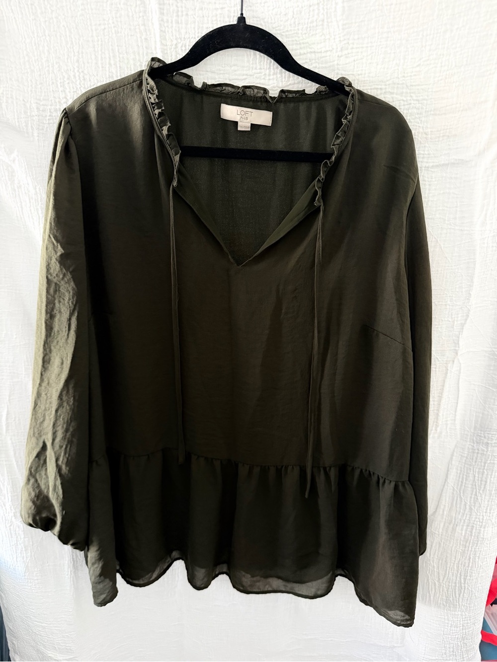 LOFT Olive Green Ruffle Tie Peasant Blouse